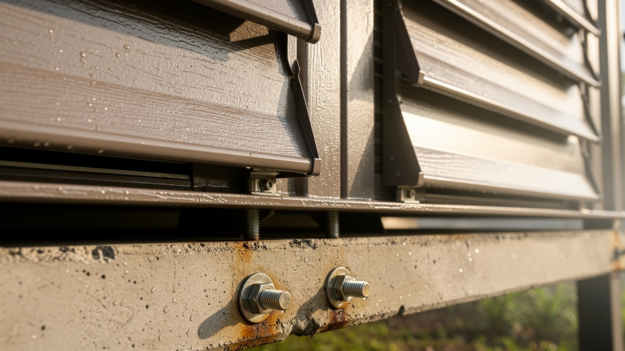 Détail d’une maison container sous climat tropical, avec revêtement anticorrosion, ancrages structurels visibles et protection solaire créant des ombres douces.