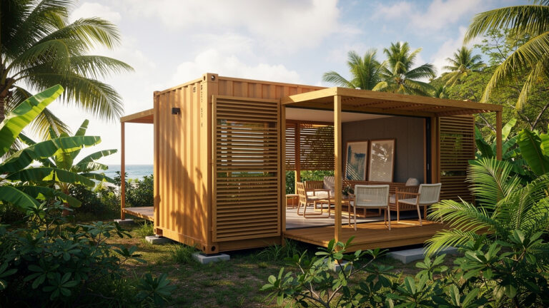 Maison en conteneur contemporaine aux Antilles, bardage en bois, ventilation naturelle et végétation tropicale sous un ciel lumineux.
