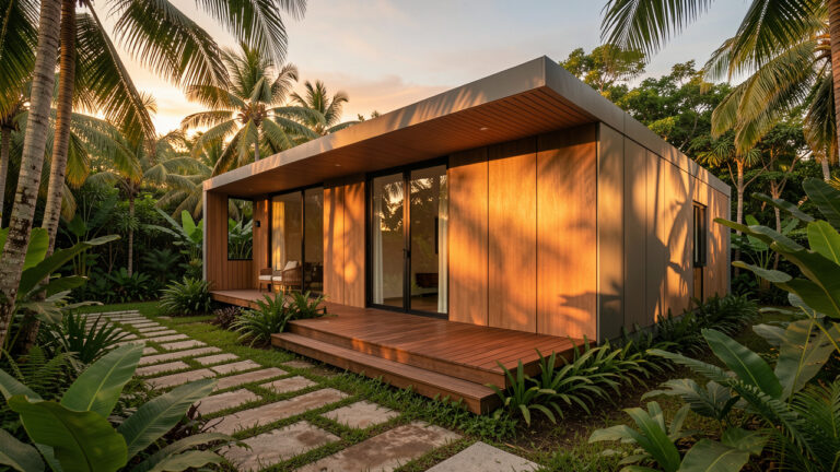 Vue moderne d’un habitat modulaire tropical aux Antilles, éclairé par une lumière chaude, entouré d’une végétation luxuriante avec une ambiance professionnelle.