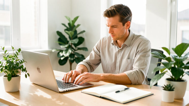 Un entrepreneur organise son activité de services sur un bureau lumineux avec un ordinateur, un carnet, des documents vierges et des plantes vertes.