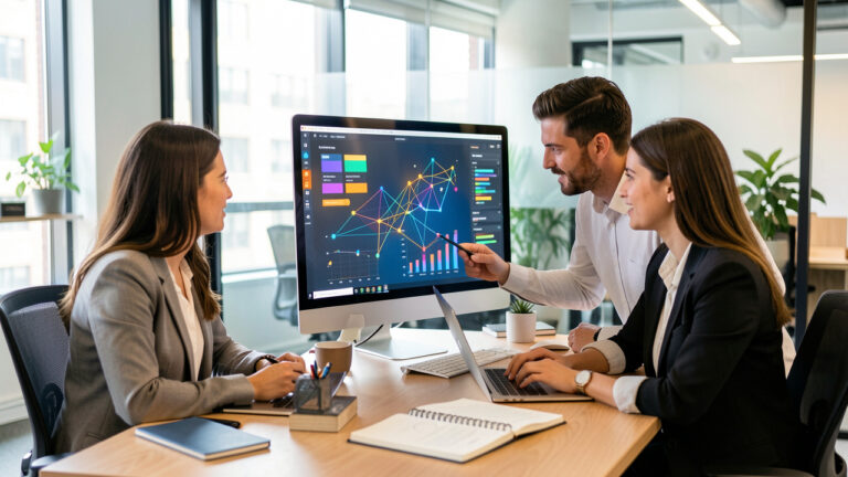 Équipe marketing composée de deux femmes et d’un homme analysant des graphiques colorés et des connexions entre sites sur un ordinateur, dans un bureau moderne.
