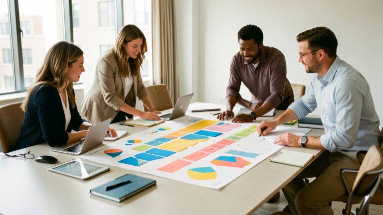 Équipe marketing composée de deux femmes et deux hommes réunie autour d’un tableau de planification annuel aux graphiques colorés dans un bureau moderne.