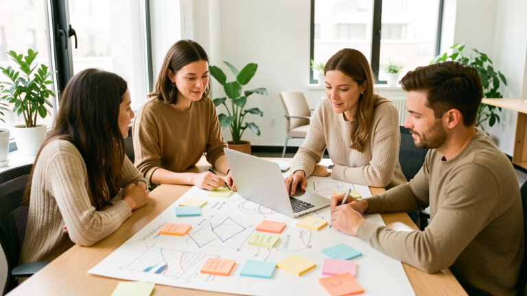 Équipe de startup réunie autour d’un tableau stratégique avec un ordinateur portable, des graphiques abstraits et des notes colorées dans un bureau lumineux.