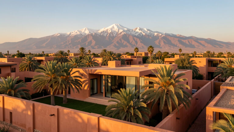 Vue panoramique élégante de Marrakech avec une résidence moderne, des palmiers, les montagnes de l’Atlas et une lumière dorée.