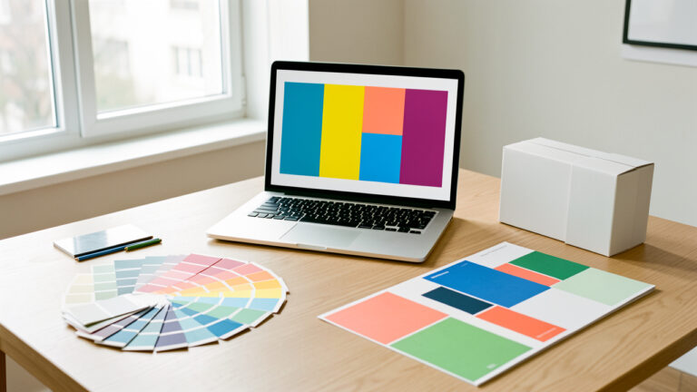 Bureau marketing lumineux avec nuancier coloré, ordinateur, maquettes vierges et éléments graphiques coordonnés