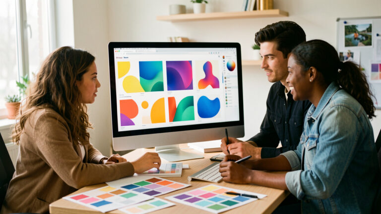 Une équipe marketing composée de deux femmes et d’un homme travaille ensemble devant un grand écran pour créer des visuels cohérents et colorés.