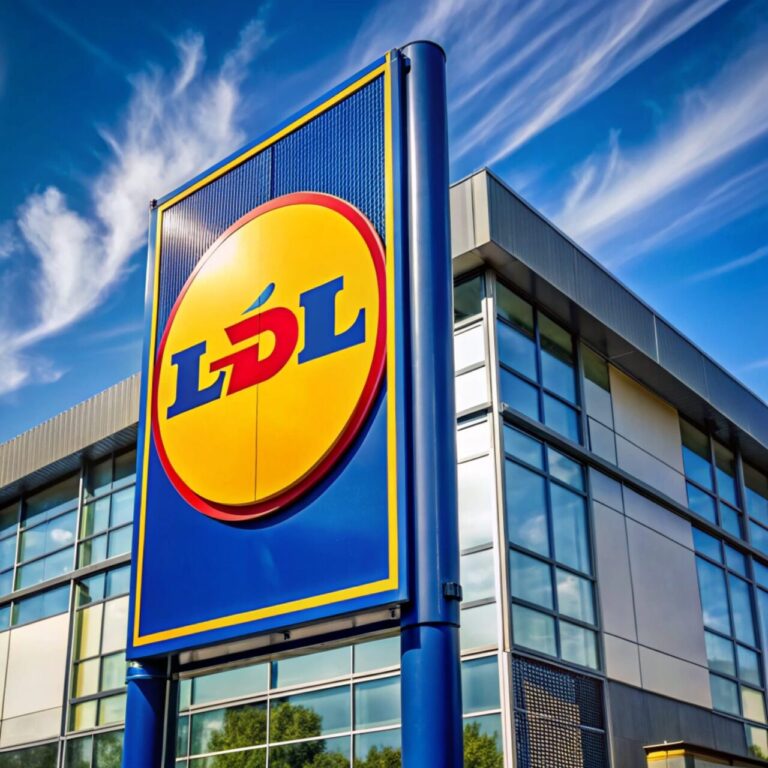 Logo Lidl coloré visible sur la façade d’un supermarché.