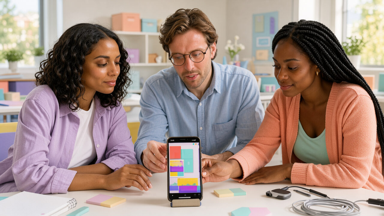 Équipe marketing composée de deux femmes et d’un homme préparant une vidéo verticale sur un smartphone dans un studio lumineux, avec une interface abstraite de montage et des ondes sonores colorées.