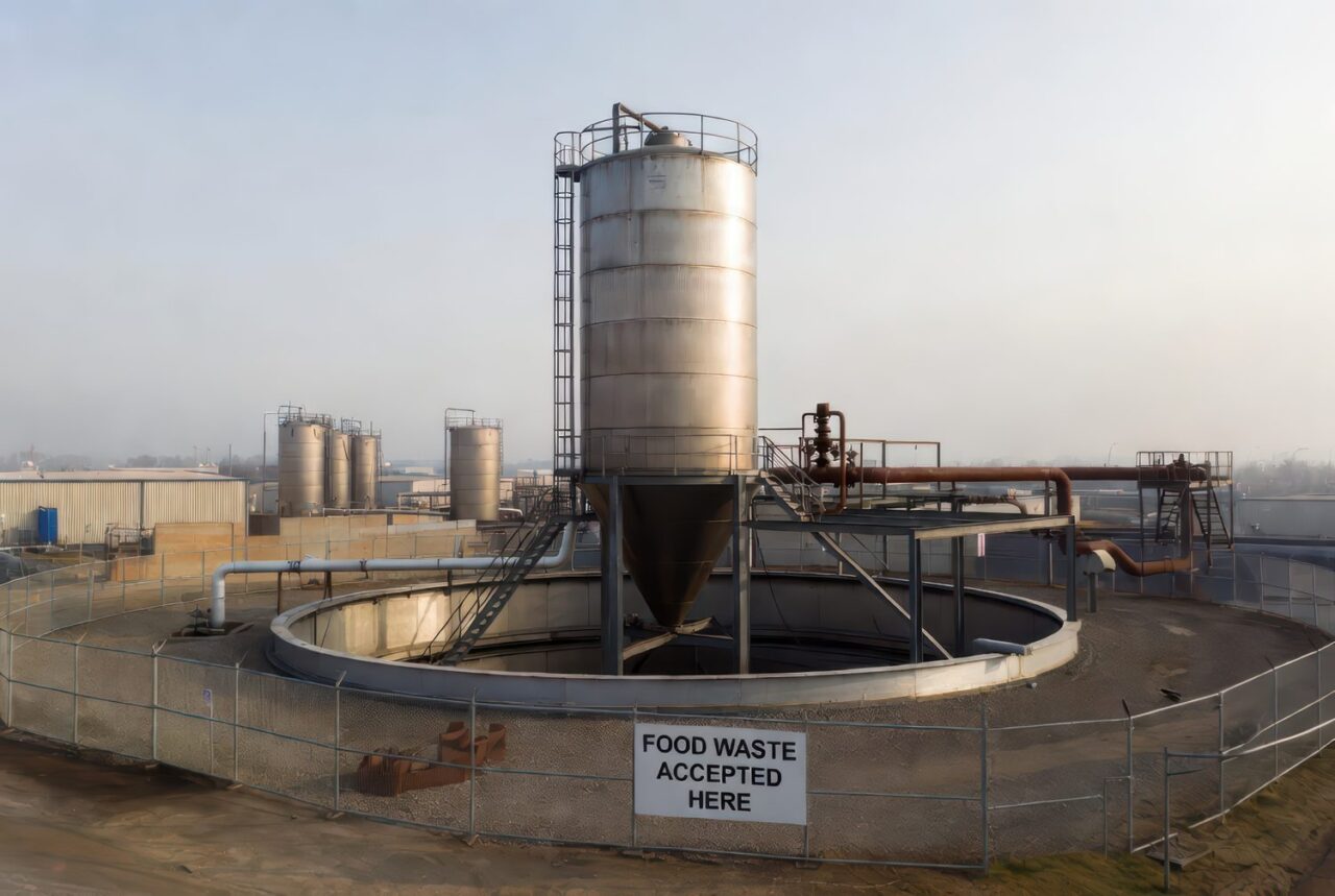 Panneau portant le logo Saur devant une usine de traitement de l’eau