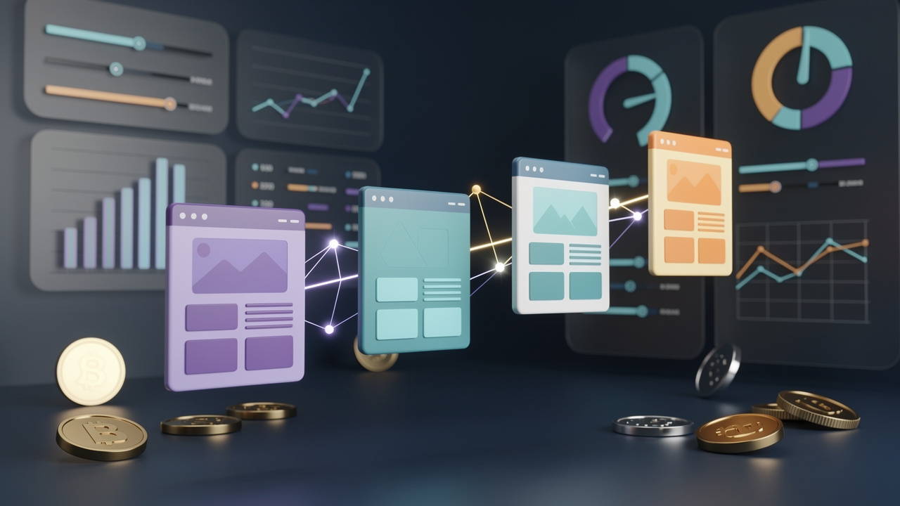 Illustration éditoriale d’une marketplace de backlinks avec cartes de sites web, graphiques abstraits de performance, pièces évoquant les prix et parcours lumineux de sélection.