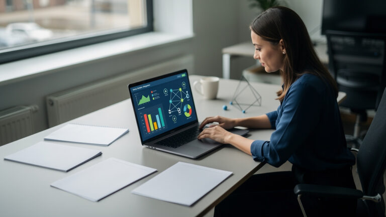 Une responsable marketing analyse sur ordinateur un tableau de budget avec des graphiques abstraits de liens entrants et des documents vierges de stratégie digitale.